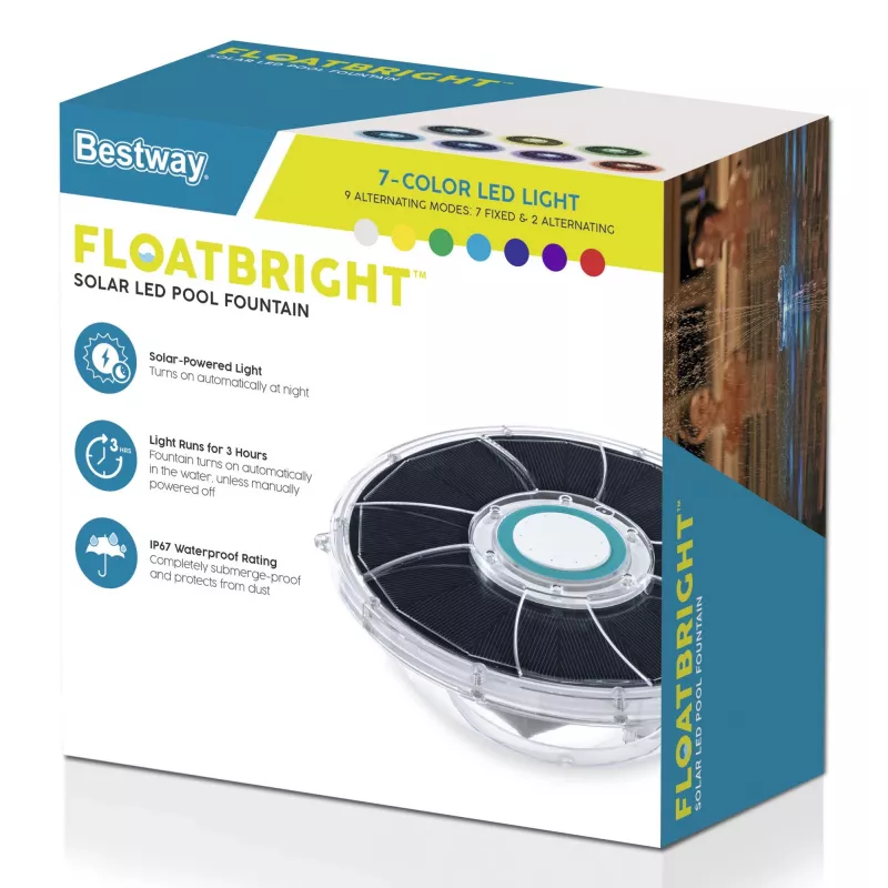 Bestway FloatBright Saules LED baseina strūklaka, Baseina strūklaka, ABS, Polietilēntereftalāts (PET), Nerūsējošais tērauds, EMC/EN60598/EN60335, Baterija, 5 V, 182 mm