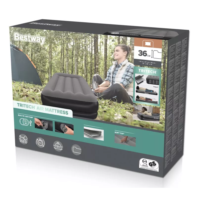 Bestway Tritech Twin Air Mattress ar Built-in USB Pump 1.91 m x 97 cm x 36 cm