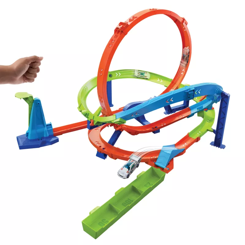 Hot Wheels Action Loop Cyclone Challenge trases komplekts ar 1:64 mēroga rotaļu automašīnu, ērta uzglabāšana