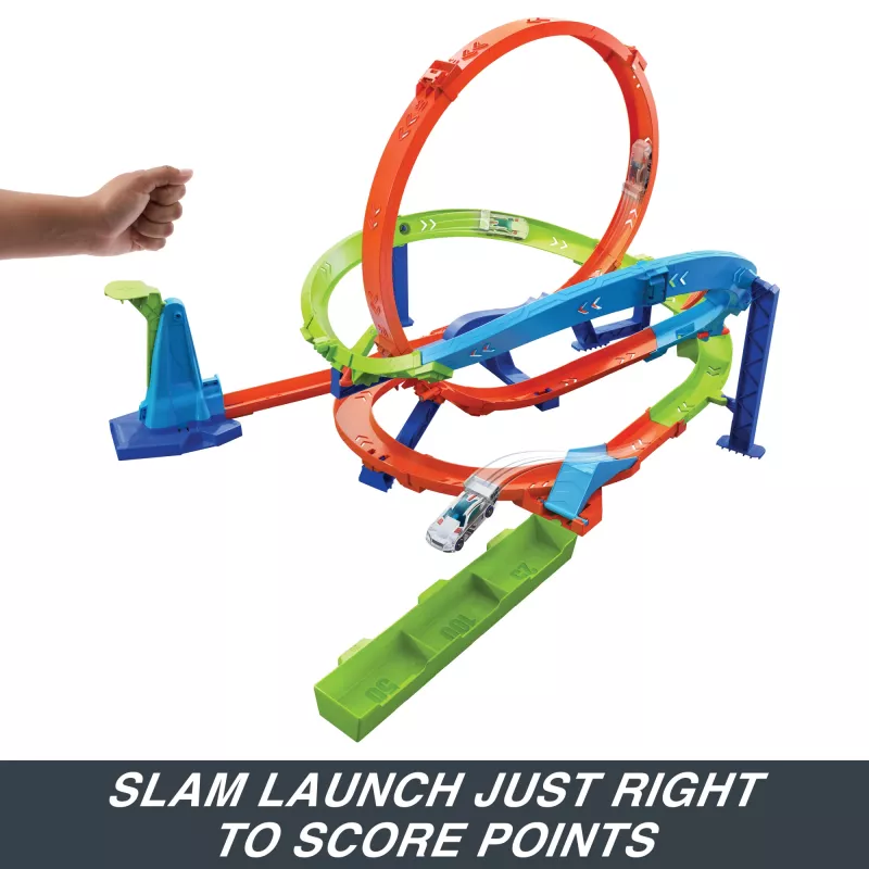 Hot Wheels Action Loop Cyclone Challenge trases komplekts ar 1:64 mēroga rotaļu automašīnu, ērta uzglabāšana