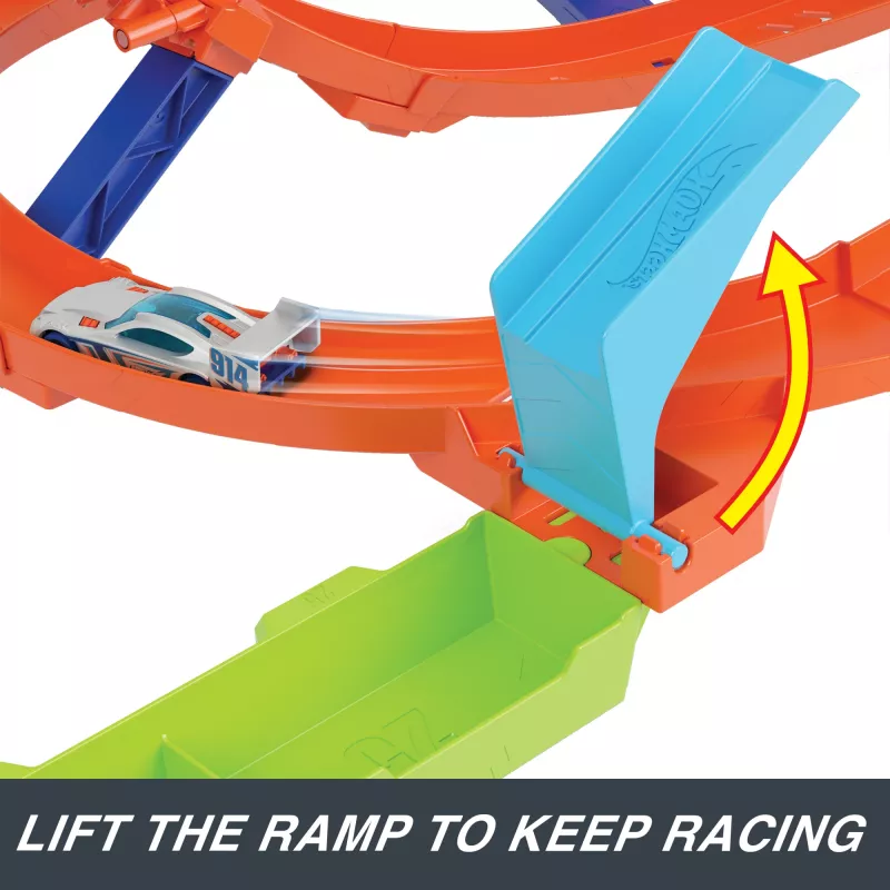 Hot Wheels Action Loop Cyclone Challenge trases komplekts ar 1:64 mēroga rotaļu automašīnu, ērta uzglabāšana