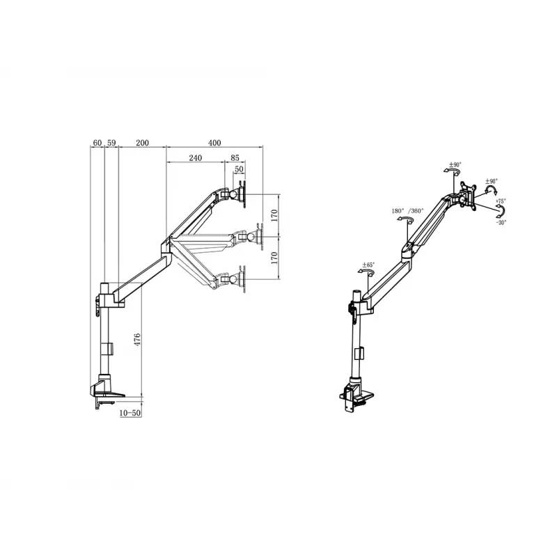 Multibrackets M VESA Gas Lift Arm Single Pole, skava, 10 kg, 38,1 cm (15 collas), 81,3 cm (32 collas), 100 x 100 mm, melns