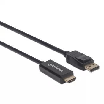 Manhattan DisplayPort 1.2 uz HDMI kabelis, 4K@60Hz, 1 m, vīrišķais-vīrišķais, DP ar fiksatoru, melns, nav divvirzienu, trīs gadu garantija, ekvivalents 3F-DP-HDMI-4K60-HDR