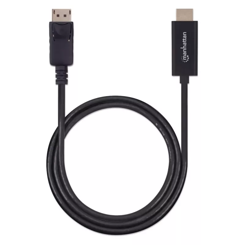 Manhattan DisplayPort 1.2 uz HDMI kabelis, 4K@60Hz, 1 m, vīrišķais-vīrišķais, DP ar fiksatoru, melns, nav divvirzienu, trīs gadu garantija, ekvivalents 3F-DP-HDMI-4K60-HDR