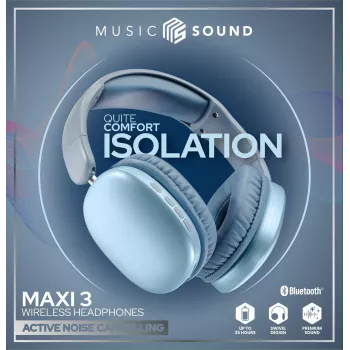 Music Sound MAXI3 MAXI3 bezvadu austiņas ar aktīvu trokšņu slāpēšanu: ieskaujoša un netraucēta klausīšanās pieredze, līdz pat 35 stundām akumulatora darbības laika. Mūsdienīgs dizains, komforts, stils un spēcīga, revolucionāra skaņa.