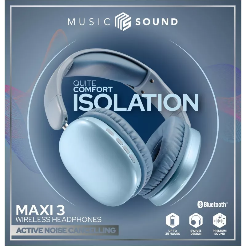 Music Sound MAXI3 MAXI3 bezvadu austiņas ar aktīvu trokšņu slāpēšanu: ieskaujoša un netraucēta klausīšanās pieredze, līdz pat 35 stundām akumulatora darbības laika. Mūsdienīgs dizains, komforts, stils un spēcīga, revolucionāra skaņa.