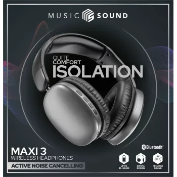 Music Sound MAXI3 MAXI3 bezvadu apkārtauss austiņas ar aktīvo trokšņu slāpēšanu: ieskaujoša un netraucēta klausīšanās pieredze, līdz pat 35 stundām akumulatora darbības laika. Mūsdienīgs dizains, komforts, stils un jaudīga, revolucionāra skaņa.