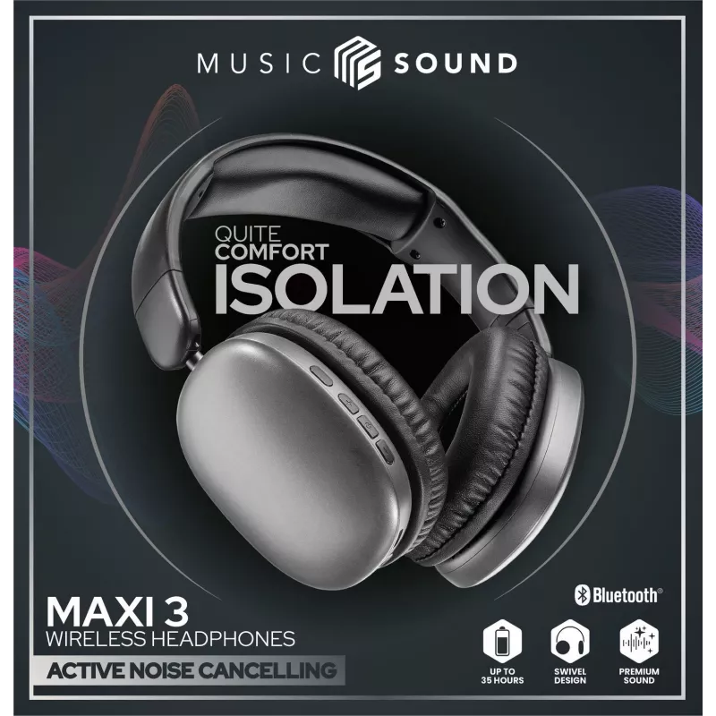Music Sound MAXI3 MAXI3 bezvadu apkārtauss austiņas ar aktīvo trokšņu slāpēšanu: ieskaujoša un netraucēta klausīšanās pieredze, līdz pat 35 stundām akumulatora darbības laika. Mūsdienīgs dizains, komforts, stils un jaudīga, revolucionāra skaņa.