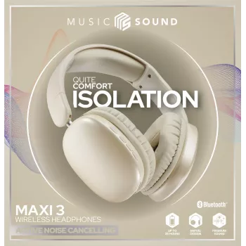 Music Sound MAXI3 MAXI3 bezvadu apkārtauss austiņas ar aktīvo trokšņu slāpēšanu: ieskaujoša un netraucēta klausīšanās pieredze, līdz pat 35 stundām akumulatora darbības laika. Mūsdienīgs dizains, komforts, stils un jaudīga, revolucionāra skaņa.