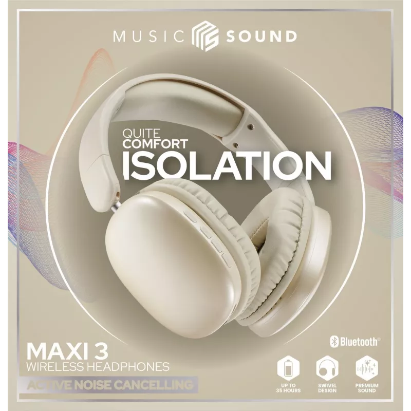 Music Sound MAXI3 MAXI3 bezvadu apkārtauss austiņas ar aktīvo trokšņu slāpēšanu: ieskaujoša un netraucēta klausīšanās pieredze, līdz pat 35 stundām akumulatora darbības laika. Mūsdienīgs dizains, komforts, stils un jaudīga, revolucionāra skaņa.