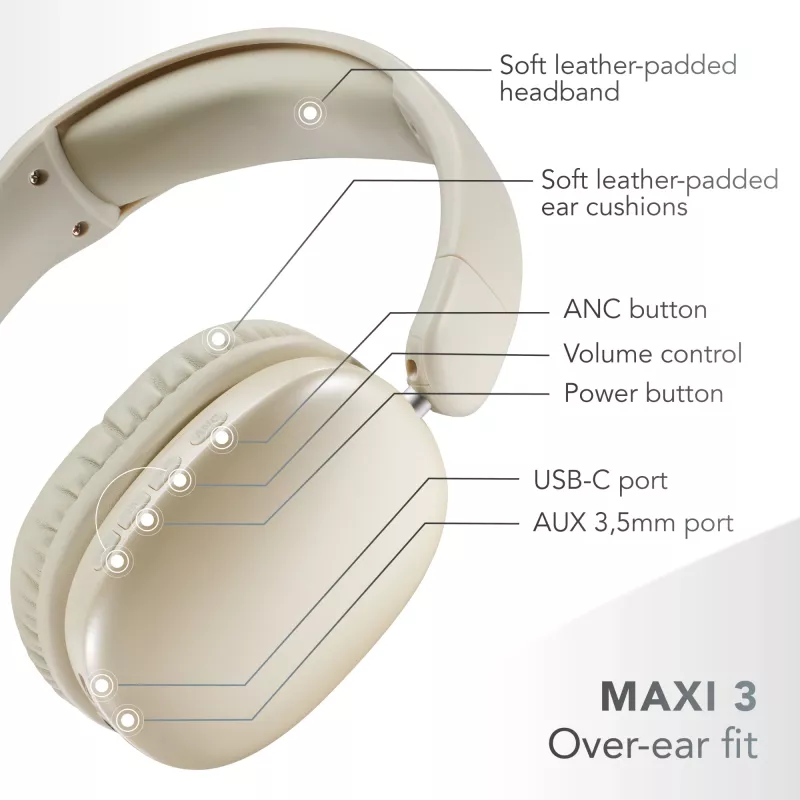 Music Sound MAXI3 MAXI3 bezvadu apkārtauss austiņas ar aktīvo trokšņu slāpēšanu: ieskaujoša un netraucēta klausīšanās pieredze, līdz pat 35 stundām akumulatora darbības laika. Mūsdienīgs dizains, komforts, stils un jaudīga, revolucionāra skaņa.