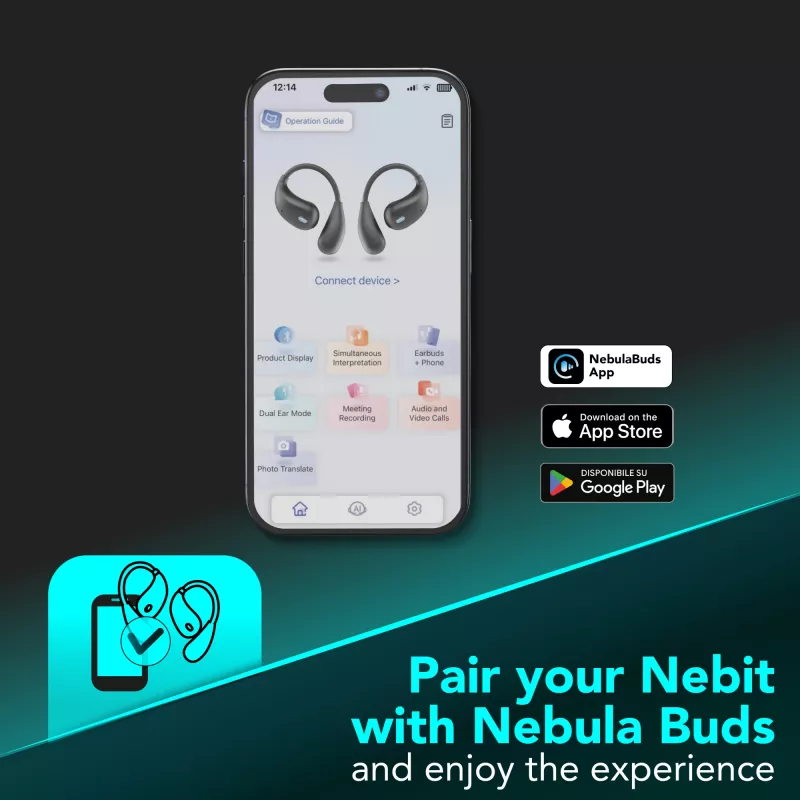 Cellularline Nebit – TWS tulkotāja austiņas NEBIT TWS ar reāllaika tulkošanas funkciju. Elegantas un inteliģentas, izstrādātas, lai pārvarētu valodas barjeras un nodrošinātu tūlītēju saziņu un transkripciju.