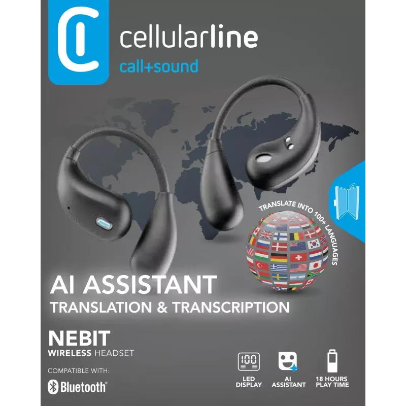 Cellularline Nebit – TWS tulkotāja austiņas NEBIT TWS ar reāllaika tulkošanas funkciju. Elegantas un inteliģentas, izstrādātas, lai pārvarētu valodas barjeras un nodrošinātu tūlītēju saziņu un transkripciju.