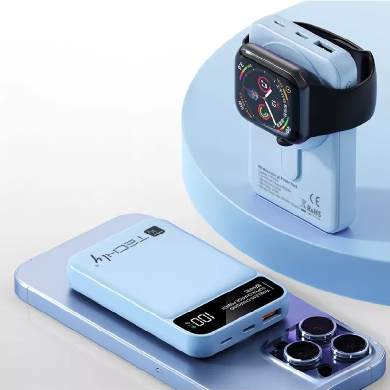 Techly I-CHARGE-10LCDBL ārējais akumulators litija polimēru (LiPo) 10000 mAh bezvadu uzlāde zila