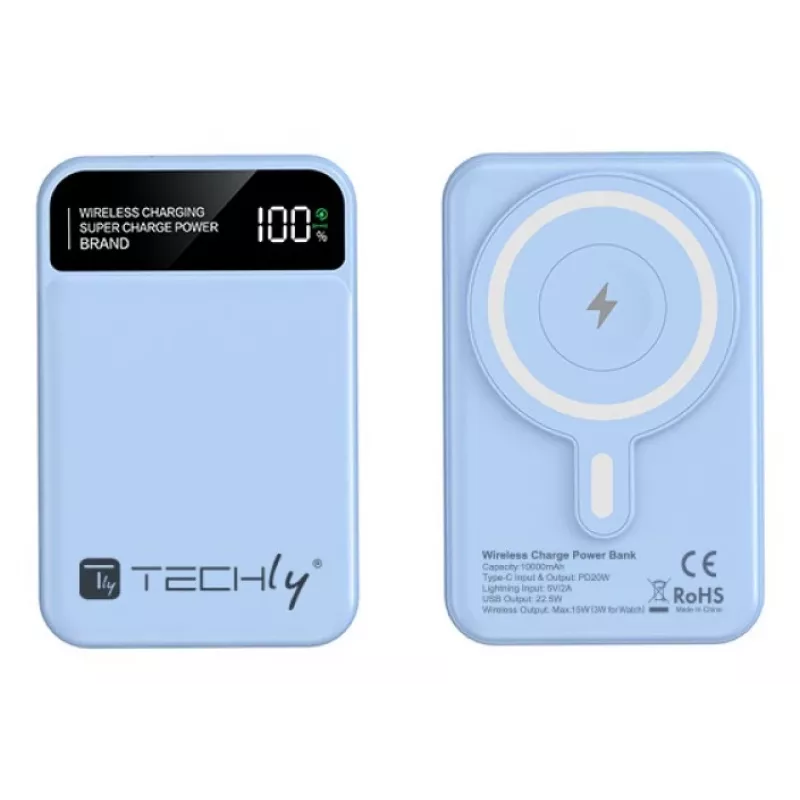 Techly I-CHARGE-10LCDBL ārējais akumulators litija polimēru (LiPo) 10000 mAh bezvadu uzlāde zila