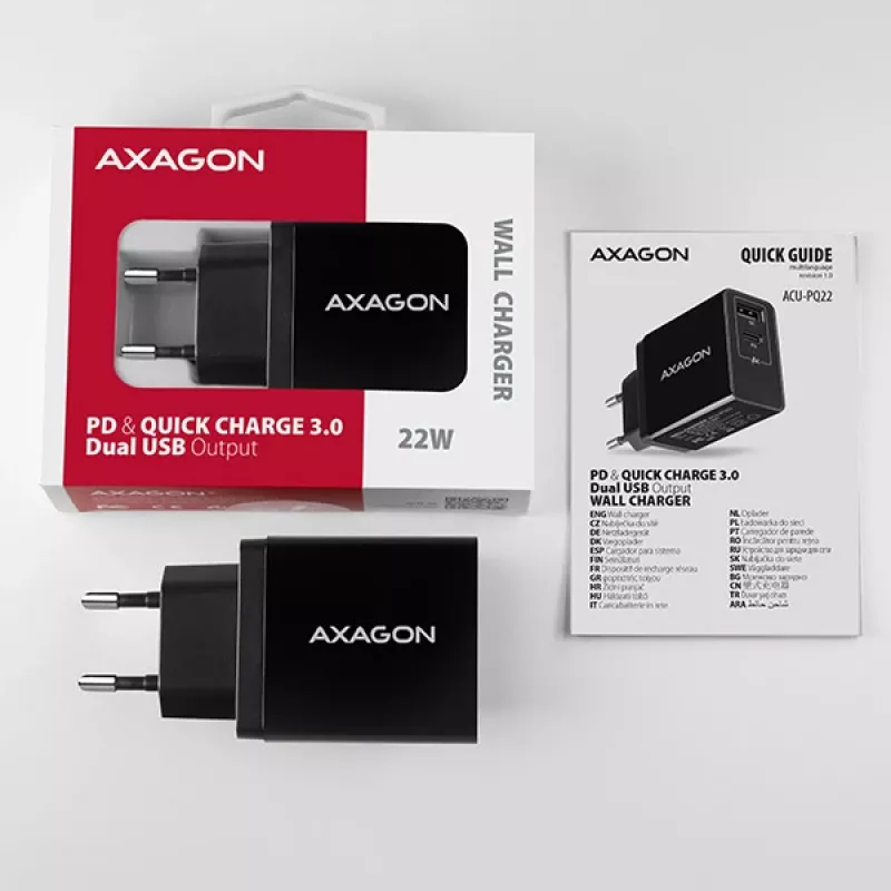 Axagon ACU-PQ22 mobilās ierīces lādētājs Mobilais tālrunis, Ārējais akumulators, Viedtālrunis, Viedpulkstenis, Planšetdators, Universāls Melns AC Ātrā uzlāde Iekštelpām