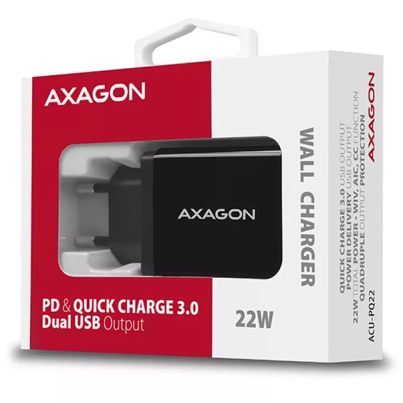 Axagon ACU-PQ22 mobilās ierīces lādētājs Mobilais tālrunis, Ārējais akumulators, Viedtālrunis, Viedpulkstenis, Planšetdators, Universāls Melns AC Ātrā uzlāde Iekštelpām