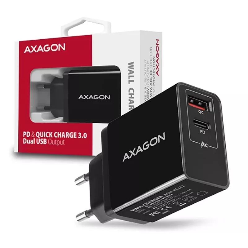 Axagon ACU-PQ22 mobilās ierīces lādētājs Mobilais tālrunis, Ārējais akumulators, Viedtālrunis, Viedpulkstenis, Planšetdators, Universāls Melns AC Ātrā uzlāde Iekštelpām
