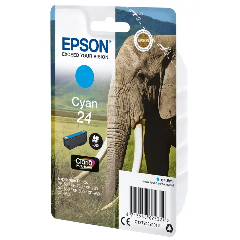 Epson Elephant Singlepack ciāna 24 Claria Photo HD tinte, ciāna, 4,6 ml, 1 gab., 360 lappuses
