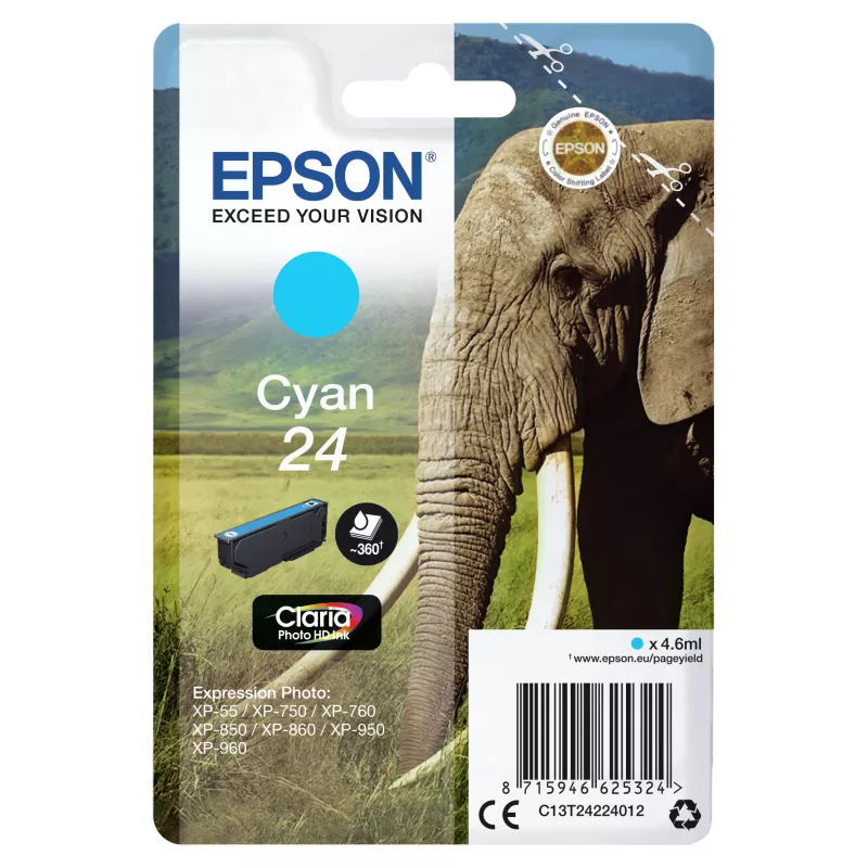 Epson Elephant Singlepack ciāna 24 Claria Photo HD tinte, ciāna, 4,6 ml, 1 gab., 360 lappuses
