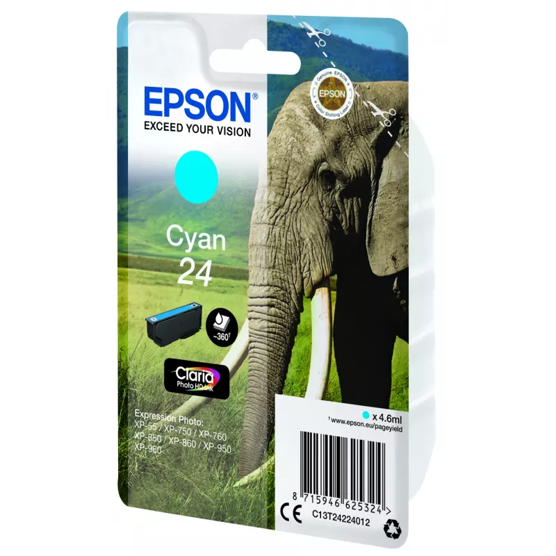 Epson Elephant Singlepack ciāna 24 Claria Photo HD tinte, ciāna, 4,6 ml, 1 gab., 360 lappuses