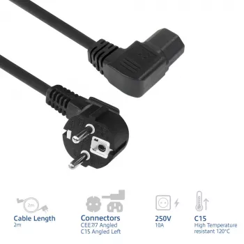 ACT Powercord strāvas savienotājs CEE7/7 vīrišķais (leņķveida) - C15 (leņķveida pa kreisi) IEC60320 melns 2 m