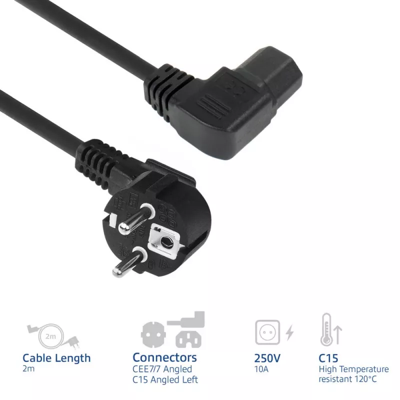ACT Powercord strāvas savienotājs CEE7/7 vīrišķais (leņķveida) - C15 (leņķveida pa kreisi) IEC60320 melns 2 m