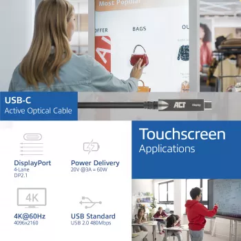 ACT USB-C 3.2 Gen2 aktīvais optiskais kabelis (AOC), pieskārienu paneļiem, video, datiem, strāvai, 3m