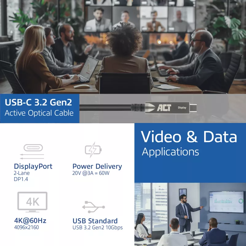 ACT USB-C 3.2 Gen2 aktīvais optiskais kabelis (AOC), pieskārienu paneļiem, video, datiem, strāvai, 3m