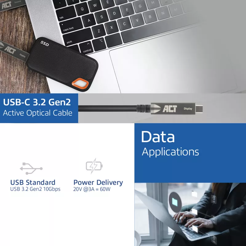ACT USB-C 3.2 Gen2 aktīvais optiskais kabelis (AOC), skārienpaneļiem, video, datu, strāvas pārnesei, 5 m