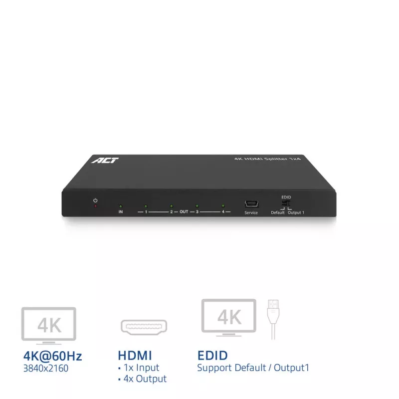 ACT 4K HDMI sadalītājs, 1 ieeja 4 izejas, EDID atbalsts, HDMI, 4x HDMI, 3840 x 2160 pikseļi, Melns, 4K Ultra HD, 10,2 Gbit/s