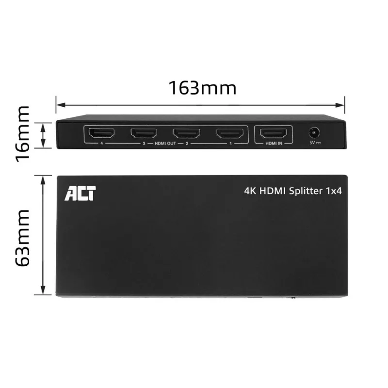 ACT 4K HDMI sadalītājs, 1 ieeja 4 izejas, EDID atbalsts, HDMI, 4x HDMI, 3840 x 2160 pikseļi, Melns, 4K Ultra HD, 10,2 Gbit/s