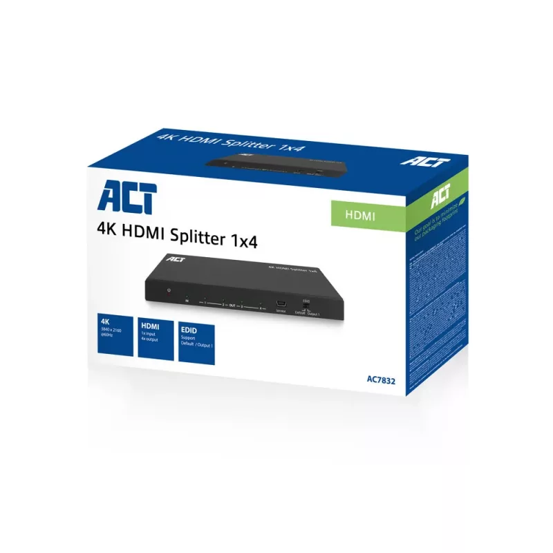 ACT 4K HDMI sadalītājs, 1 ieeja 4 izejas, EDID atbalsts, HDMI, 4x HDMI, 3840 x 2160 pikseļi, Melns, 4K Ultra HD, 10,2 Gbit/s