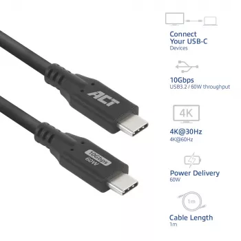 ACT USB 3.0 10Gbps 60W USB Type-C kabelis, 1 metrs, 1 m, USB C, USB C, USB 3.2 Gen 2 (3.1 Gen 2), 10 Gbit/s, melns
