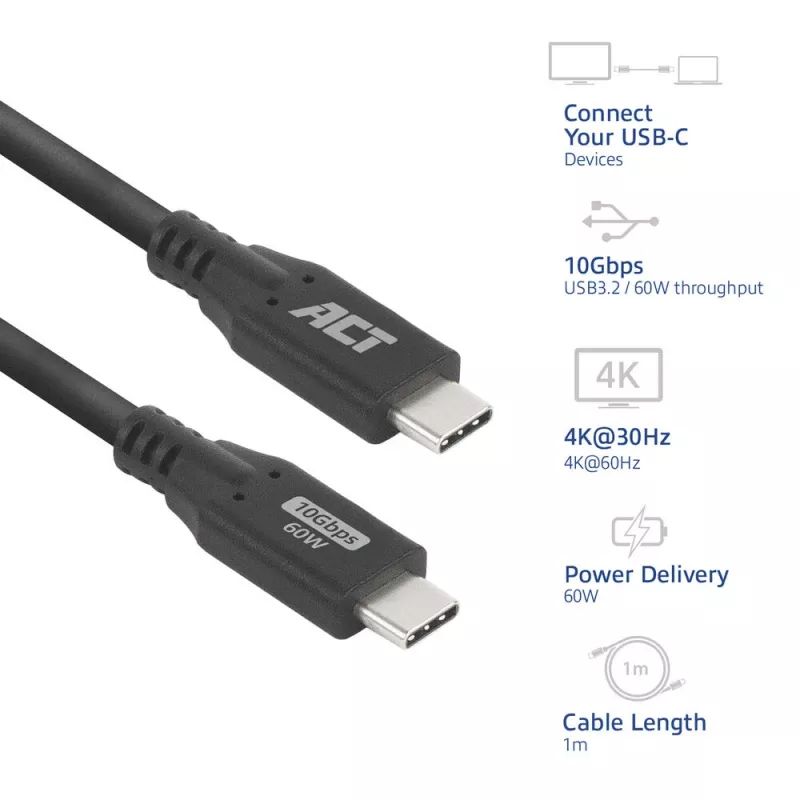 ACT USB 3.0 10Gbps 60W USB Type-C kabelis, 1 metrs, 1 m, USB C, USB C, USB 3.2 Gen 2 (3.1 Gen 2), 10 Gbit/s, melns