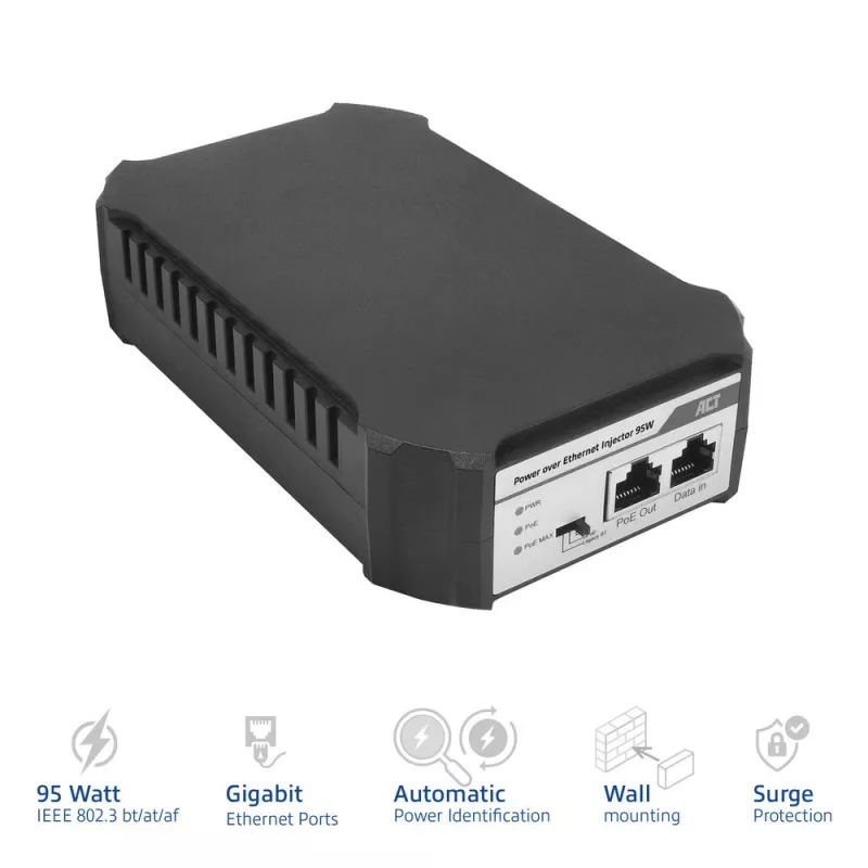 ACT PoE ievadītājs 95W IEEE 802.3bt, Gigabit Ethernet, 1000 Mbit/s, 10/100/1000, PoE++ (4PPoE), IEEE 802.3af, IEEE 802.3at, IEEE 802.3bt, Cat6a