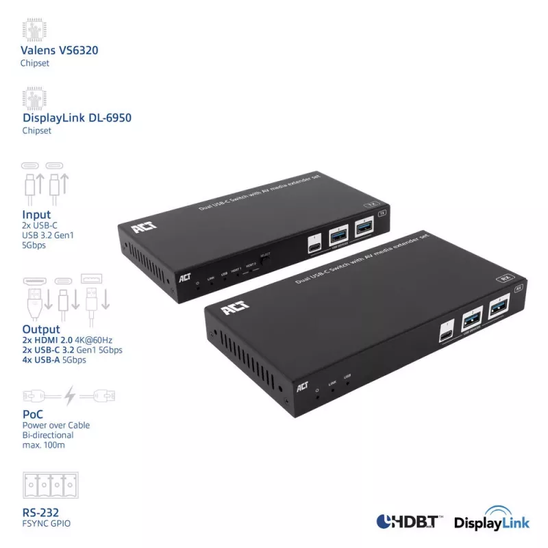 ACT AV multivides paplašinātāja komplekts ar divu USB-C slēdzi, CAT6A, 100 metri
