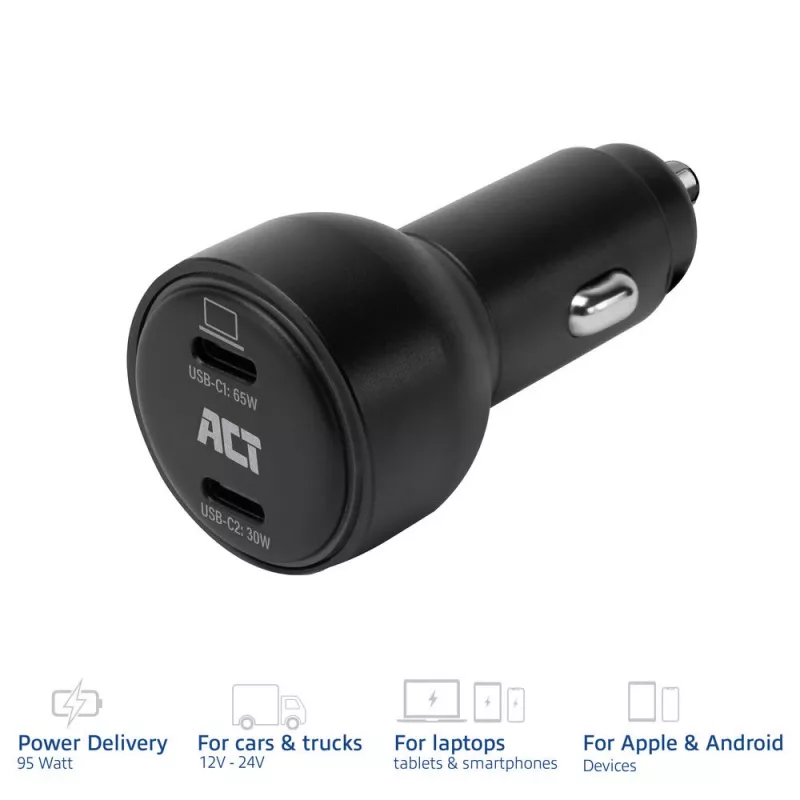 ACT 2 portu USB-C ātrais auto lādētājs 95W ar Power Delivery PPS, Quick Charge un GaNFast