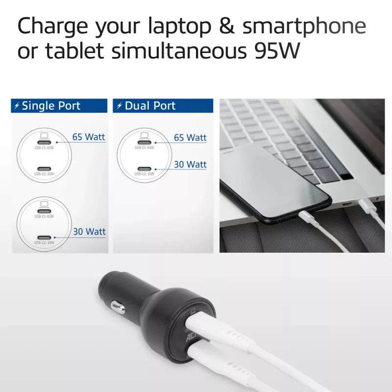 ACT 2 portu USB-C ātrais auto lādētājs 95W ar Power Delivery PPS, Quick Charge un GaNFast