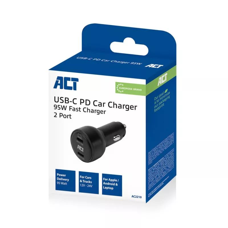ACT 2 portu USB-C ātrais auto lādētājs 95W ar Power Delivery PPS, Quick Charge un GaNFast