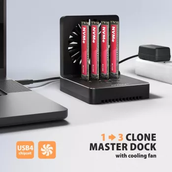 AXAGON ADSA-M2C44 USB4 40Gbps 4-Bay M.2 NVMe SSD Docking Station ar bezsaistes klonēšanas funkciju, alumīnijs, aktīvā dzesēšana