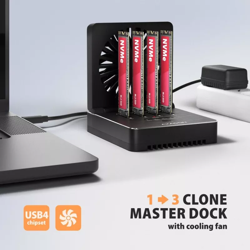 AXAGON ADSA-M2C44 USB4 40Gbps 4-Bay M.2 NVMe SSD Docking Station ar bezsaistes klonēšanas funkciju, alumīnijs, aktīvā dzesēšana