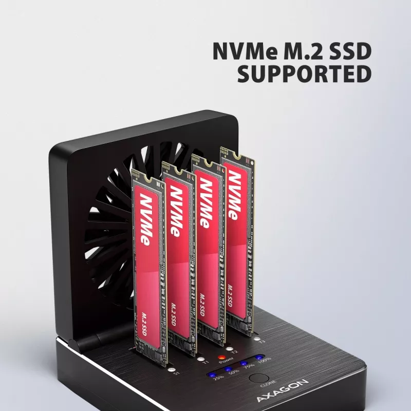 AXAGON ADSA-M2C44 USB4 40Gbps 4-Bay M.2 NVMe SSD Docking Station ar bezsaistes klonēšanas funkciju, alumīnijs, aktīvā dzesēšana
