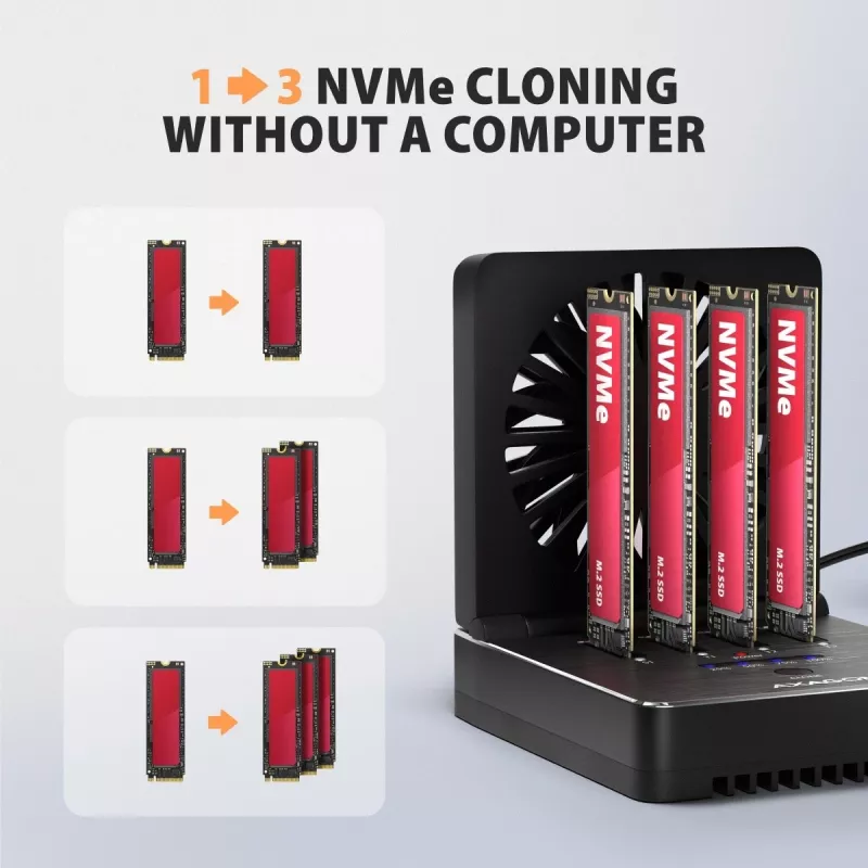 AXAGON ADSA-M2C44 USB4 40Gbps 4-Bay M.2 NVMe SSD Docking Station ar bezsaistes klonēšanas funkciju, alumīnijs, aktīvā dzesēšana