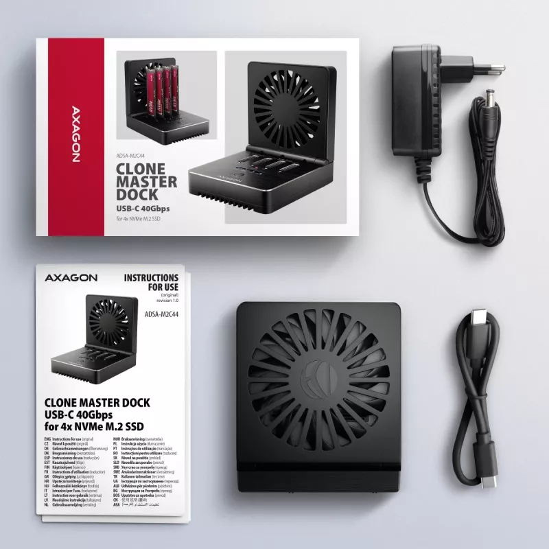 AXAGON ADSA-M2C44 USB4 40Gbps 4-Bay M.2 NVMe SSD Docking Station ar bezsaistes klonēšanas funkciju, alumīnijs, aktīvā dzesēšana