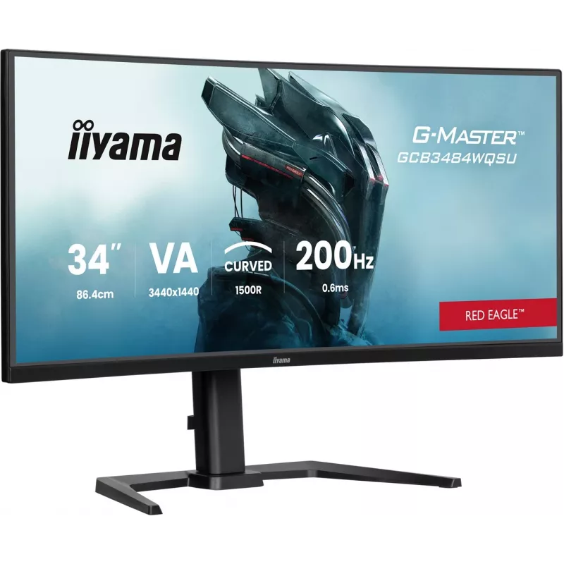 iiyama G-Master GCB3484WQSU-B2 Red Eagle 86.4 cm (34 inch) 3440 x 1440 pikseļi UWQHD VA Izliekts spēļu monitors 200Hz 0.6ms FreeSync Premium HDMI DisplayPort USB Hub Skaļruņi Melns