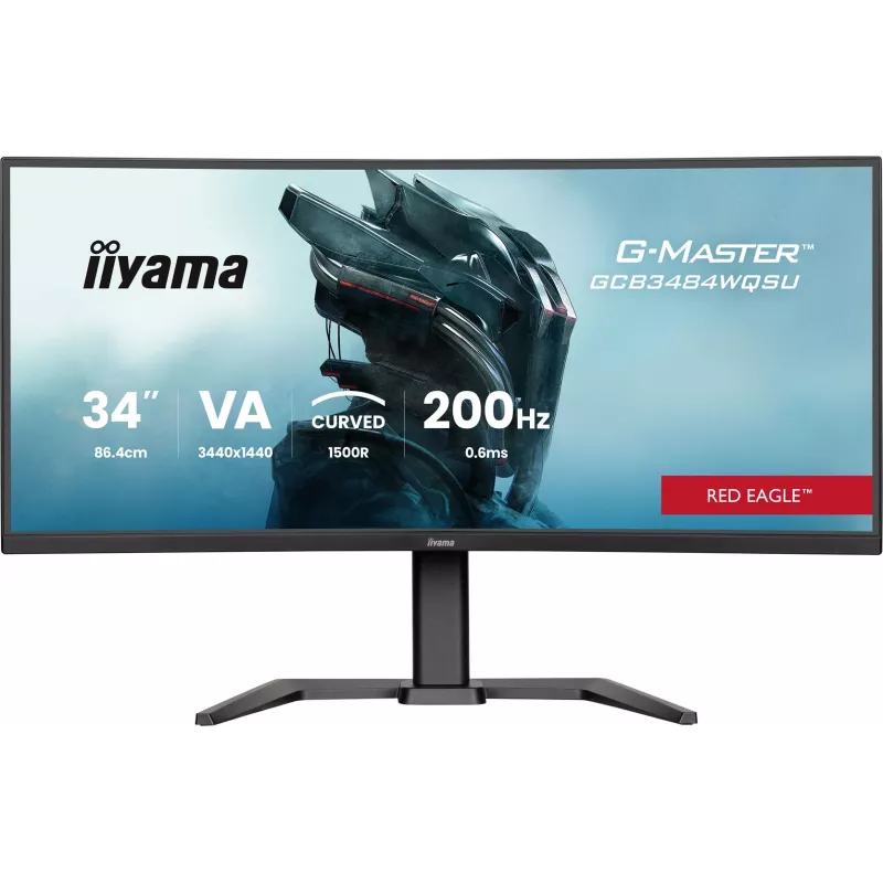 iiyama G-Master GCB3484WQSU-B2 Red Eagle 86.4 cm (34 inch) 3440 x 1440 pikseļi UWQHD VA Izliekts spēļu monitors 200Hz 0.6ms FreeSync Premium HDMI DisplayPort USB Hub Skaļruņi Melns
