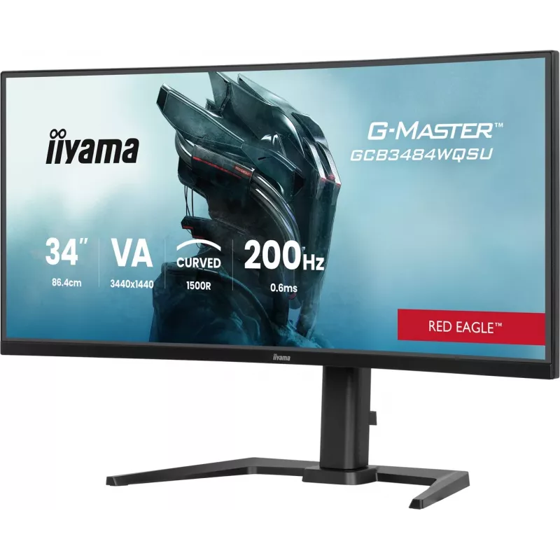 iiyama G-Master GCB3484WQSU-B2 Red Eagle 86.4 cm (34 inch) 3440 x 1440 pikseļi UWQHD VA Izliekts spēļu monitors 200Hz 0.6ms FreeSync Premium HDMI DisplayPort USB Hub Skaļruņi Melns