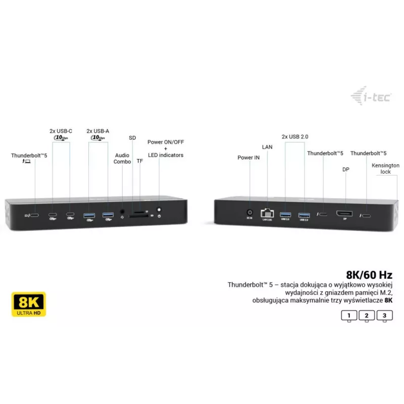 i-tec TB5 Triple Display Docking Station, 2x Thunderbolt 5, DP 2.1, 6x USB, M.2 NVMe slots, 2.5G LAN, SD/microSD, Audio, PD 140W