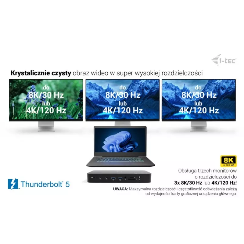 i-tec TB5 Triple Display Docking Station, 2x Thunderbolt 5, DP 2.1, 6x USB, M.2 NVMe slots, 2.5G LAN, SD/microSD, Audio, PD 140W